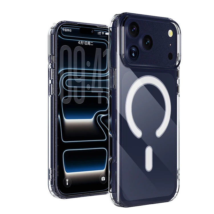 Étui magnétique transparent iPhone 17 Pro – TPU+PC, antichoc & charge sans fil