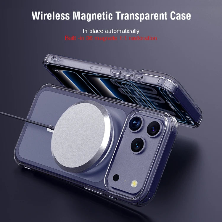 Étui magnétique transparent iPhone 17 Pro – TPU+PC, antichoc & charge sans fil