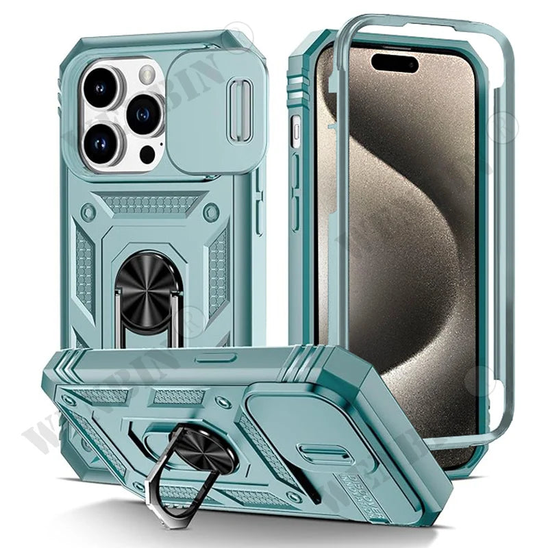 Coque Heavy Duty iPhone 17 / 17 Pro / 17 Pro Max / Air / 8 / 7 / SE – Anneau, béquille & protection objectif