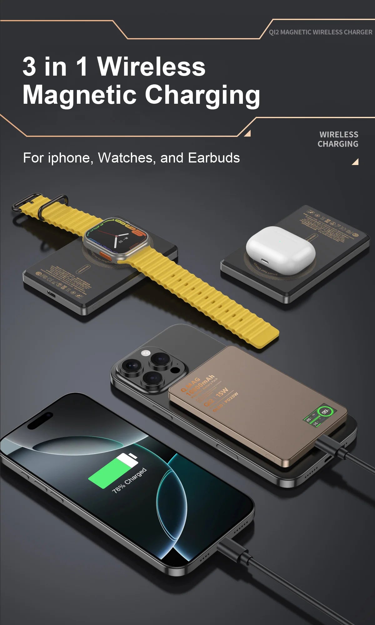 Batterie externe magnétique sans fil QI 2.1 – 5000/10000 mAh, compatible iPhone 12-17 Pro, Apple Watch & AirPods