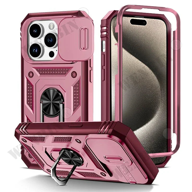 Coque Heavy Duty iPhone 17 / 17 Pro / 17 Pro Max / Air / 8 / 7 / SE – Anneau, béquille & protection objectif