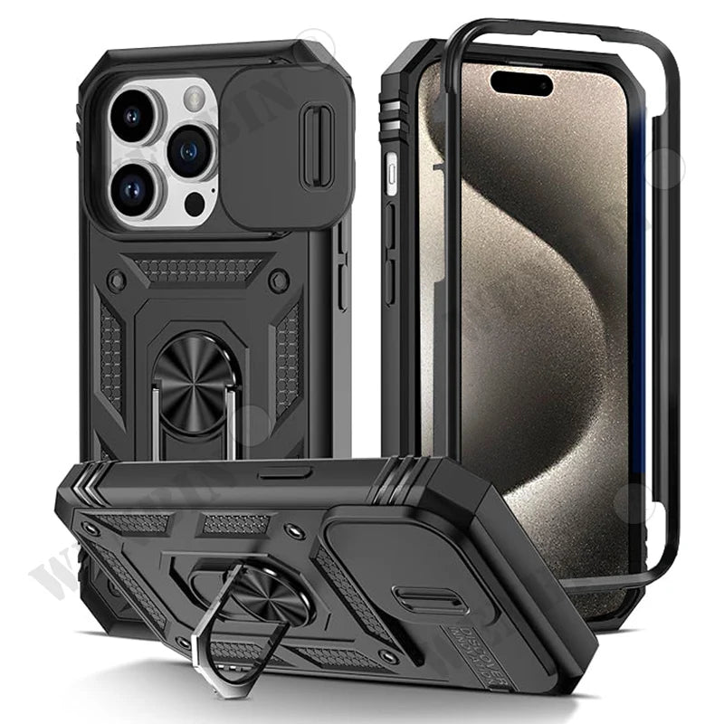 Coque Heavy Duty iPhone 17 / 17 Pro / 17 Pro Max / Air / 8 / 7 / SE – Anneau, béquille & protection objectif