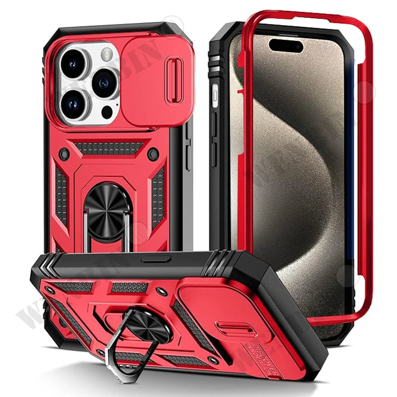 Coque Heavy Duty iPhone 17 / 17 Pro / 17 Pro Max / Air / 8 / 7 / SE – Anneau, béquille & protection objectif