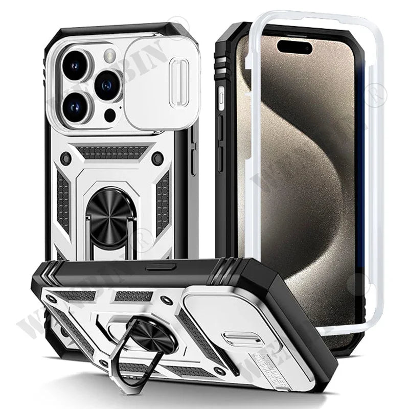 Coque Heavy Duty iPhone 17 / 17 Pro / 17 Pro Max / Air / 8 / 7 / SE – Anneau, béquille & protection objectif