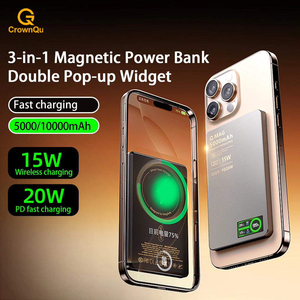 Batterie externe magnétique sans fil QI 2.1 – 5000/10000 mAh, compatible iPhone 12-17 Pro, Apple Watch & AirPods